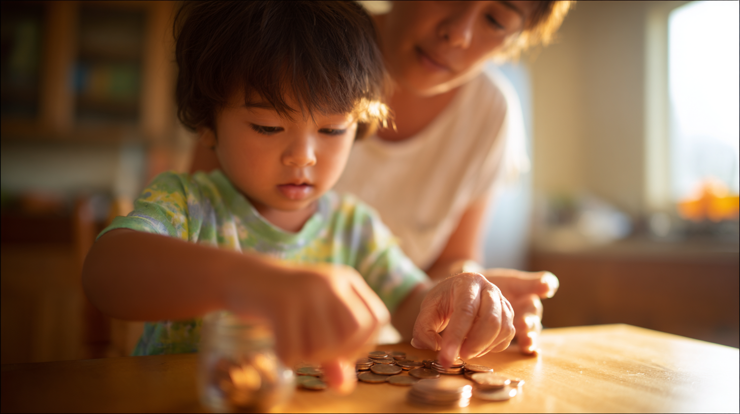 A parent and child counting coins together at a kitchen table