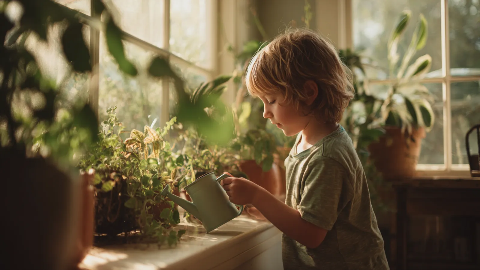 A young child watering houseplants on a windowsill