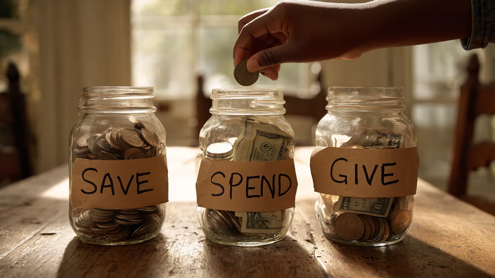 Three jars labeled save, spend, and give filled with coins on a kitchen table