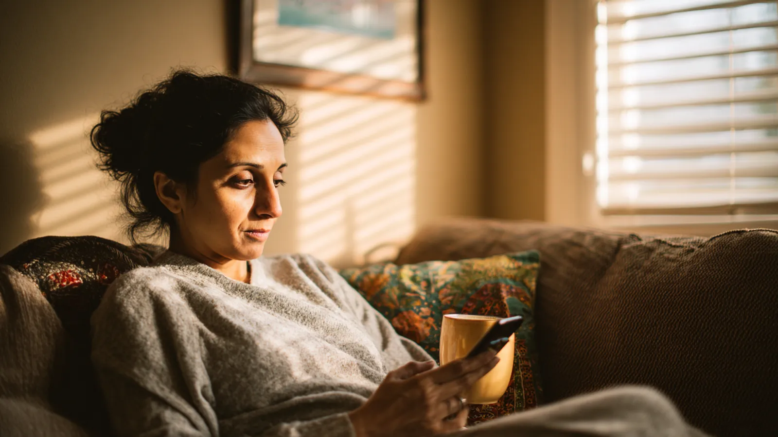 A parent comparing chore apps on a smartphone while relaxing on the couch