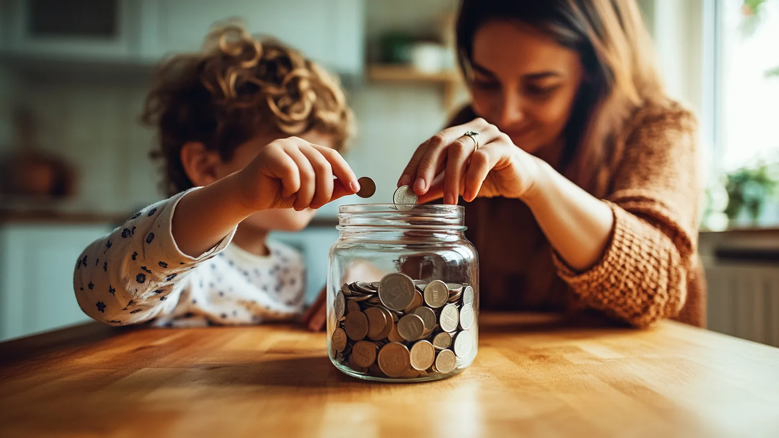 A parent counting out weekly allowance coins into a child's hand at a kitchen table