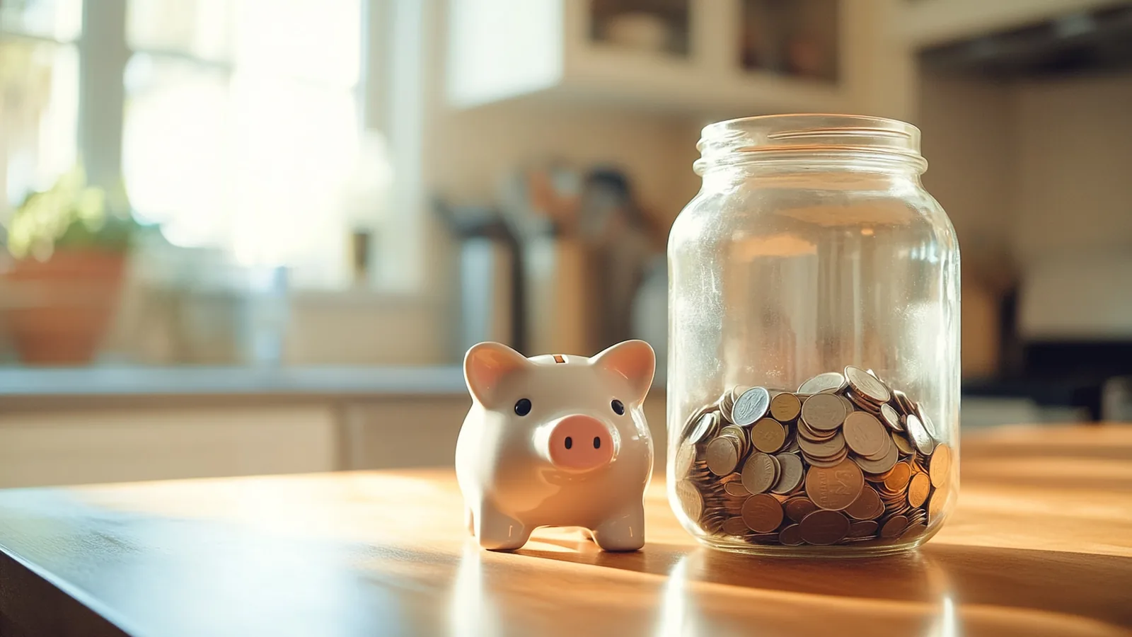 A piggy bank next to a clear glass jar of coins on a sunlit kitchen counter