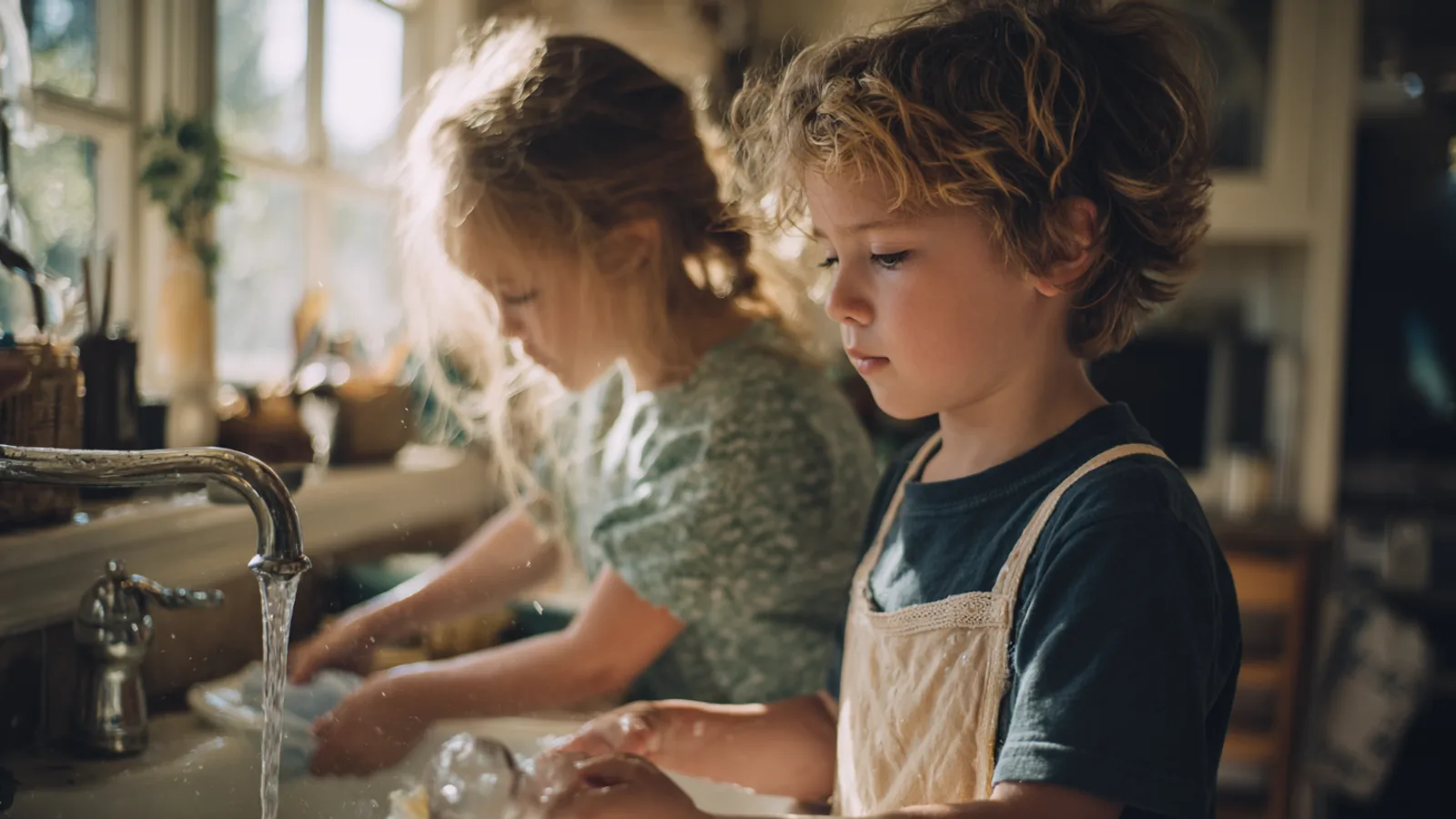Two siblings washing dishes together at the kitchen sink as part of their daily chores