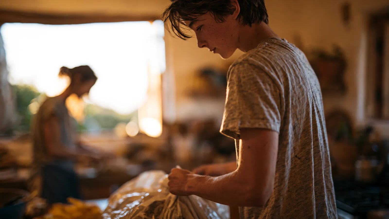 A teenager taking out the kitchen trash while a parent works nearby in a sunlit kitchen