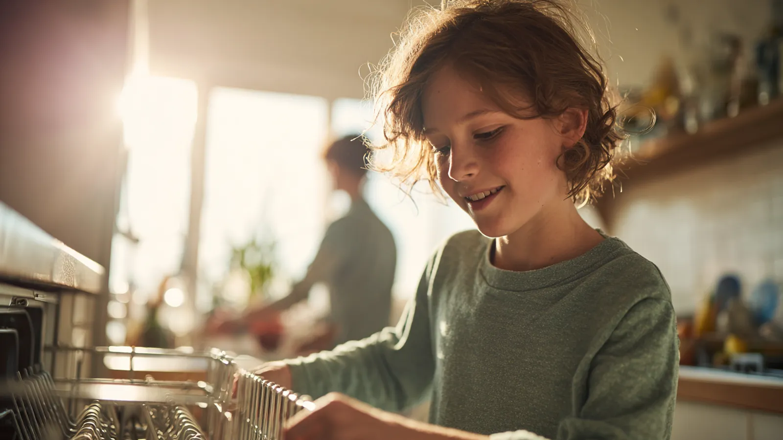 A child loading the dishwasher on their own while a parent steps back in a sunny kitchen