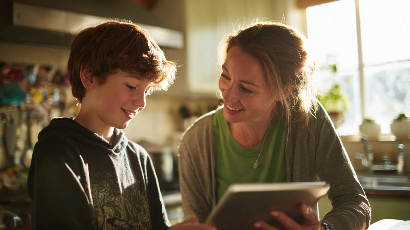 A teenager calmly handing a tablet to a parent across a bright kitchen counter