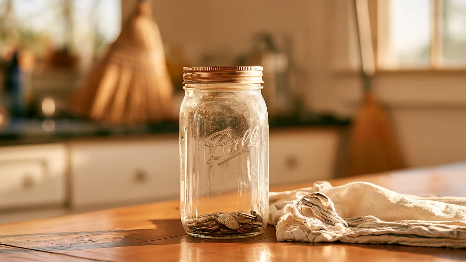 A clear glass jar of coins on a kitchen table with a broom leaning against the counter in soft morning light