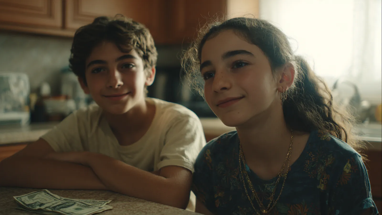 Two siblings of different ages who just finished the same chore together in a kitchen