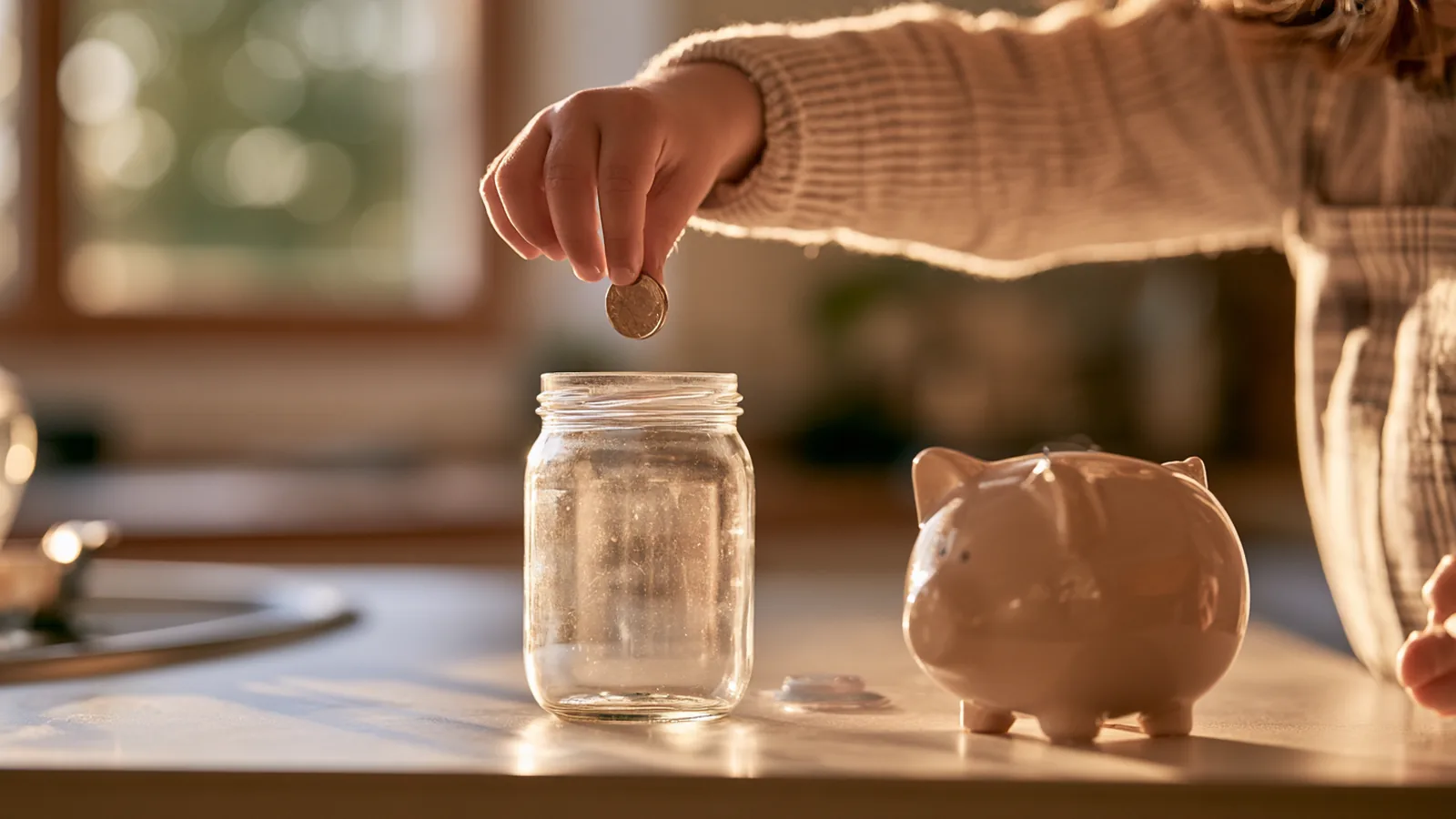 A child's hand dropping a coin into a glass jar on a kitchen counter in soft evening light