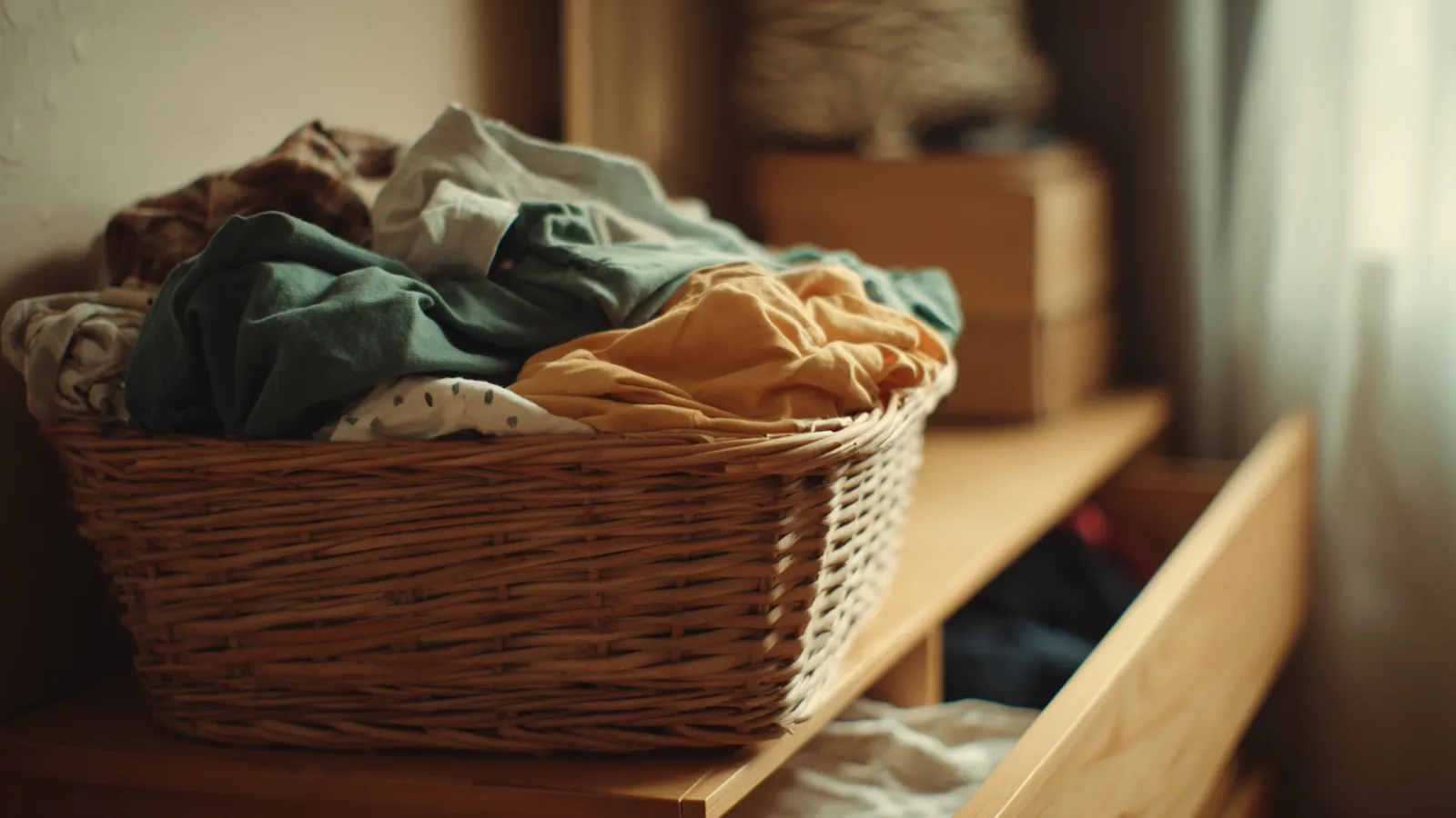 An overflowing laundry basket beside an empty dresser drawer in a child's bedroom