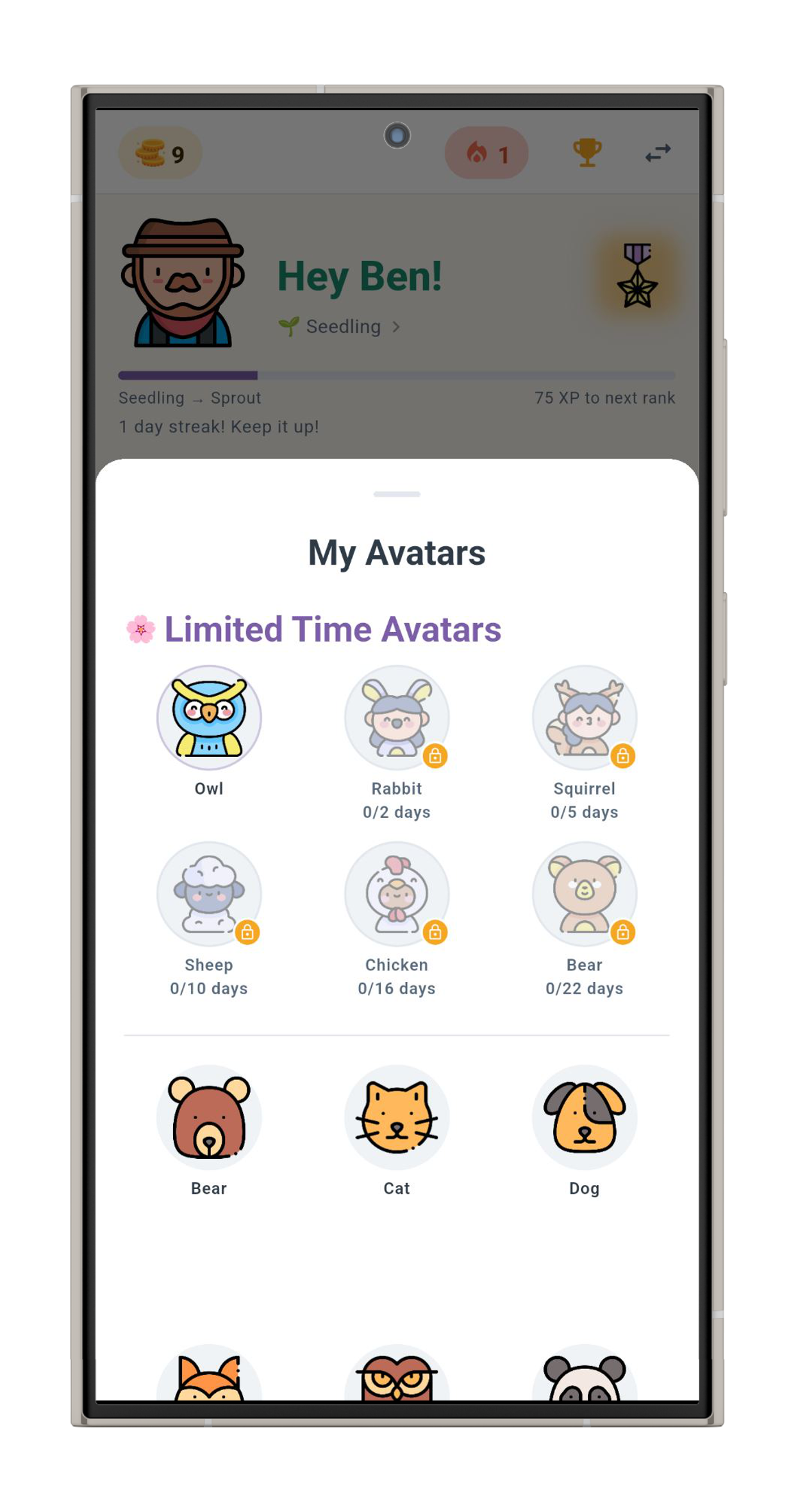 Avatar picker showing unlockable avatars