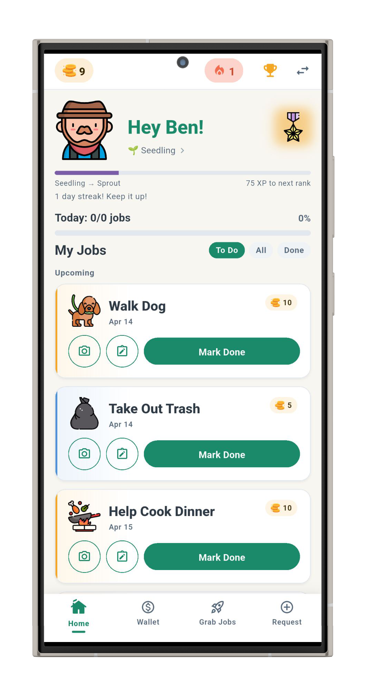 Kid home screen with jobs and XP bar