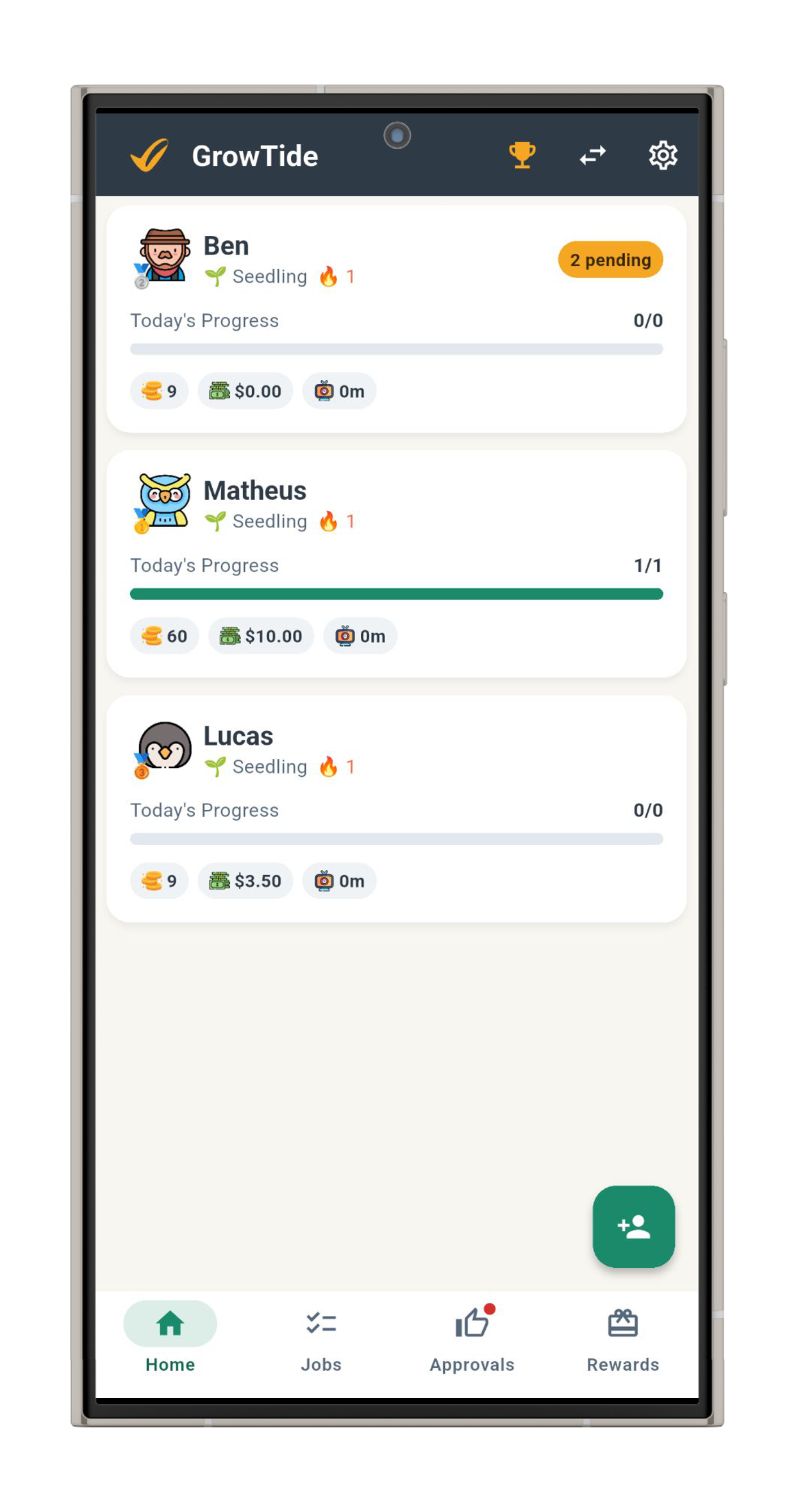 GrowTide parent home screen showing children's chore progress