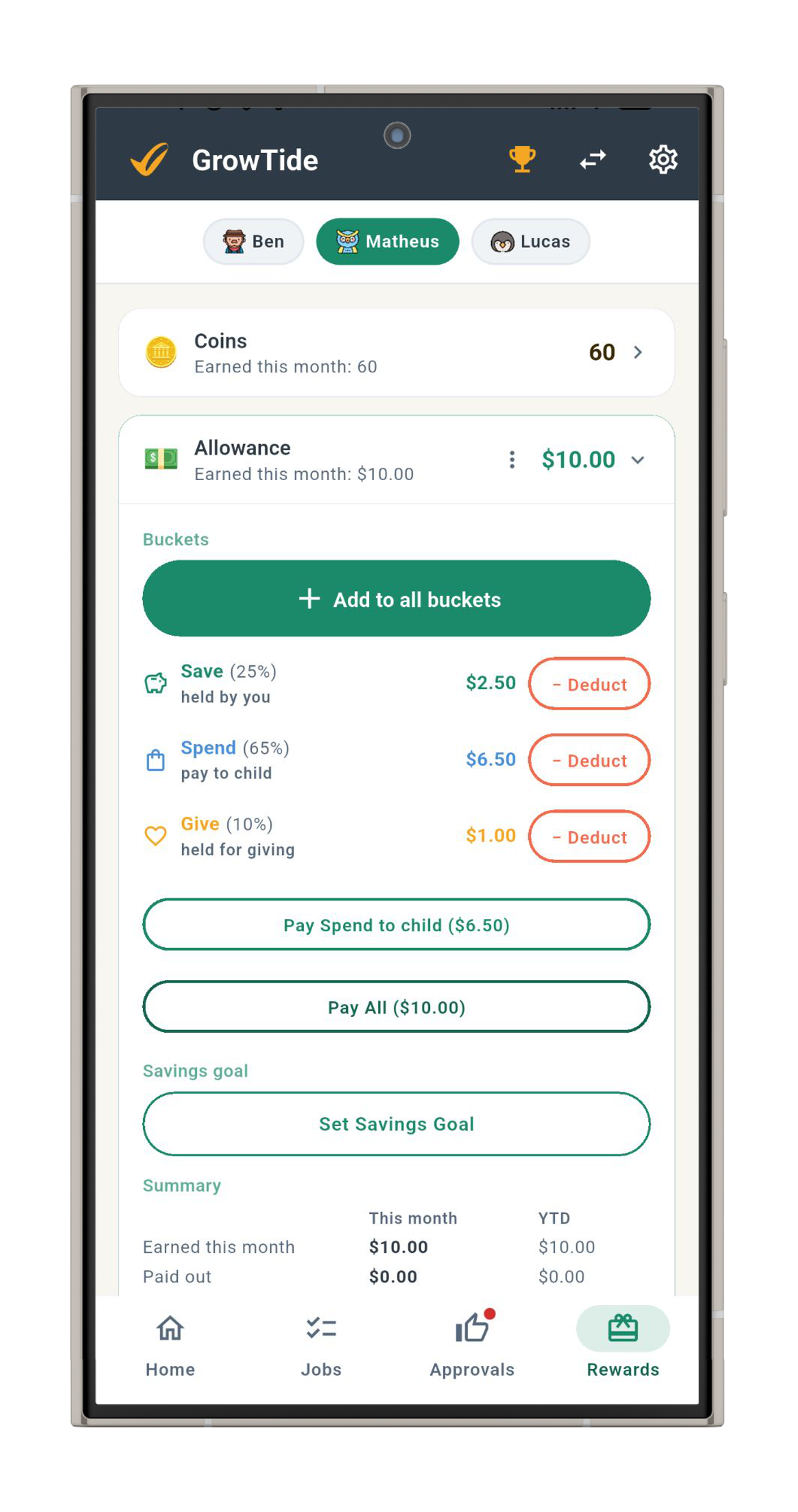 Allowance split into Save, Spend, Give buckets