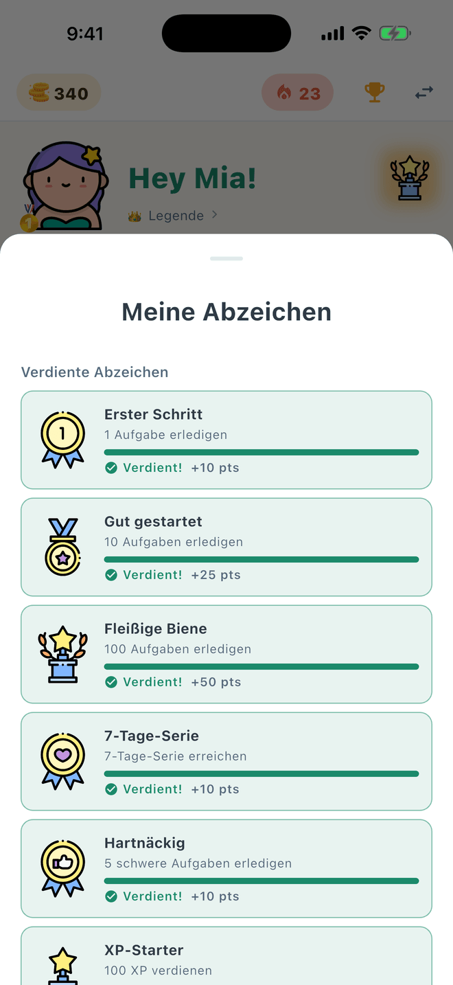 Abzeichen-Ansicht mit den Erfolgen, die ein Kind verdient hat