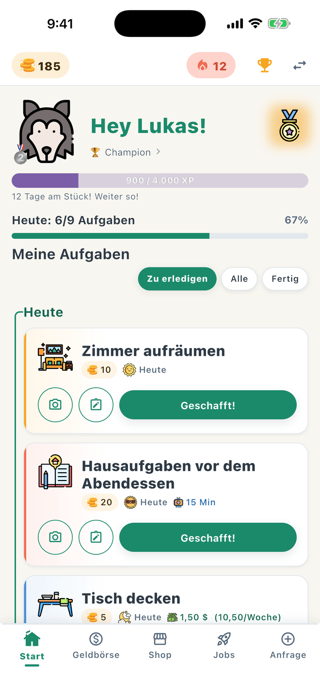 Kinder-Startbildschirm mit Aufgaben und XP-Leiste