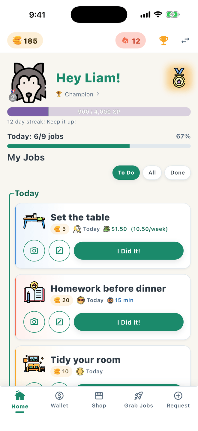 Kid home screen with jobs and XP bar