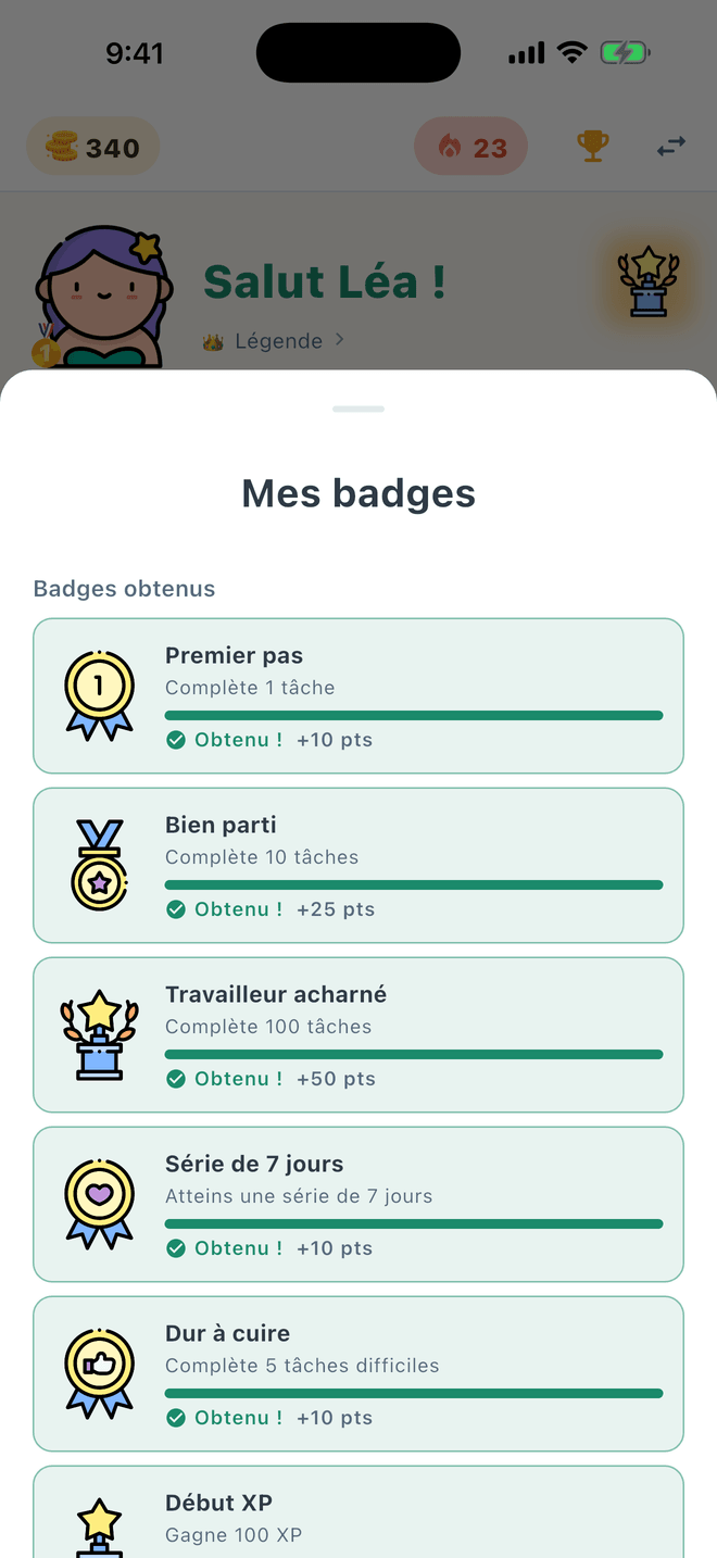 Écran des badges affichant les récompenses obtenues par l'enfant