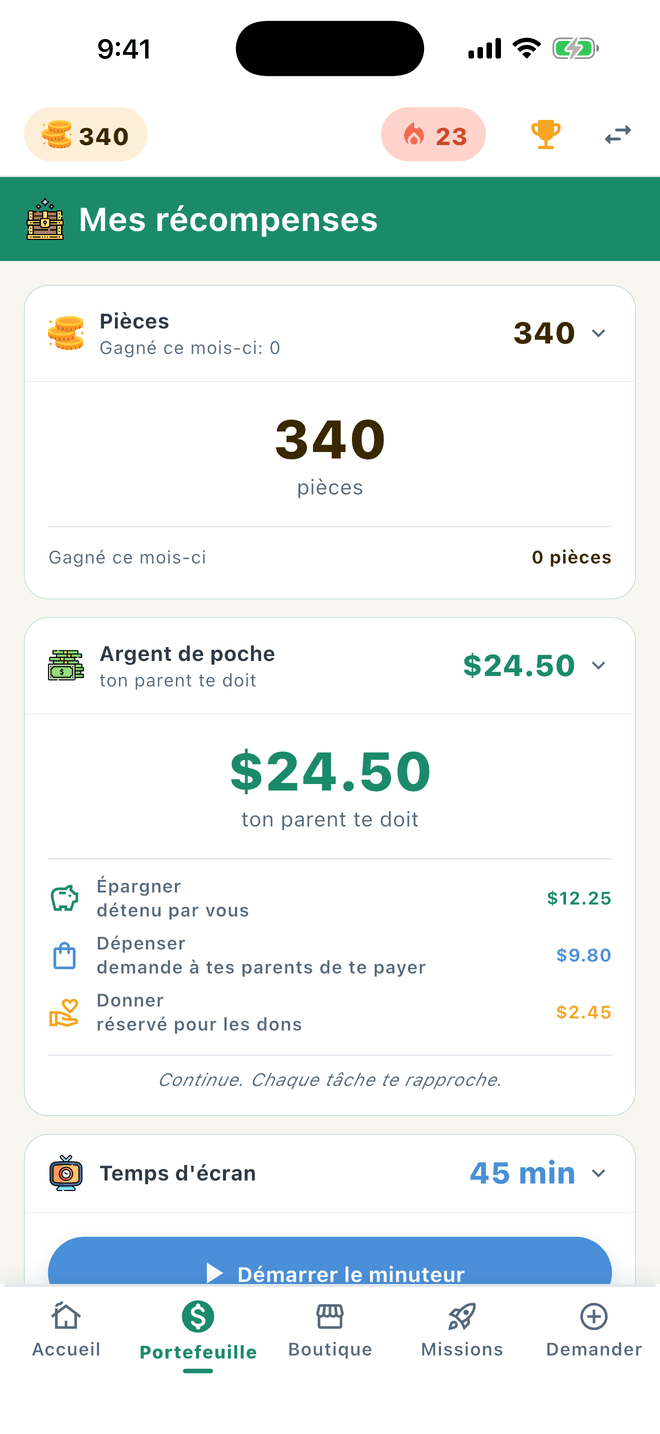 Argent de poche réparti entre les enveloppes Épargner, Dépenser et Donner